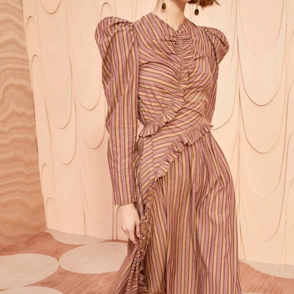 NWOT ULLA JOHNSON Prudence Striped Midi Dress in Mulberry M $490